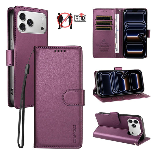 Compatible with iPhone 18 Pro Max BETOPNICE Pearlescent RFID Vegan Leather Phone Case with Strap - Purple