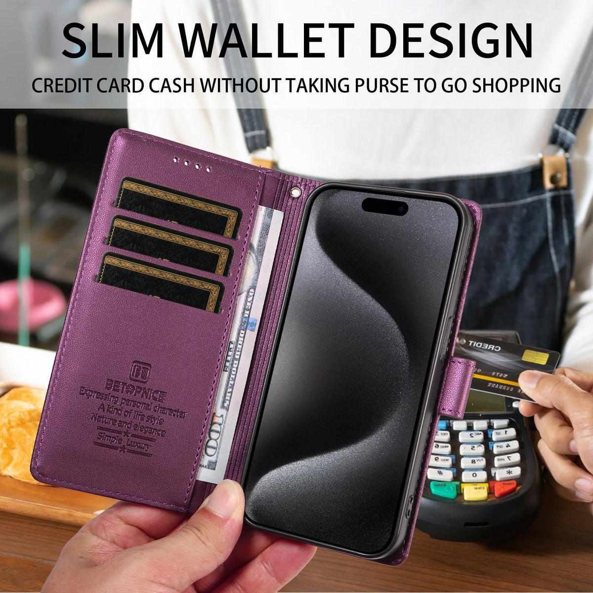 Compatible with iPhone 18 Pro Max BETOPNICE Pearlescent RFID Vegan Leather Phone Case with Strap - Purple