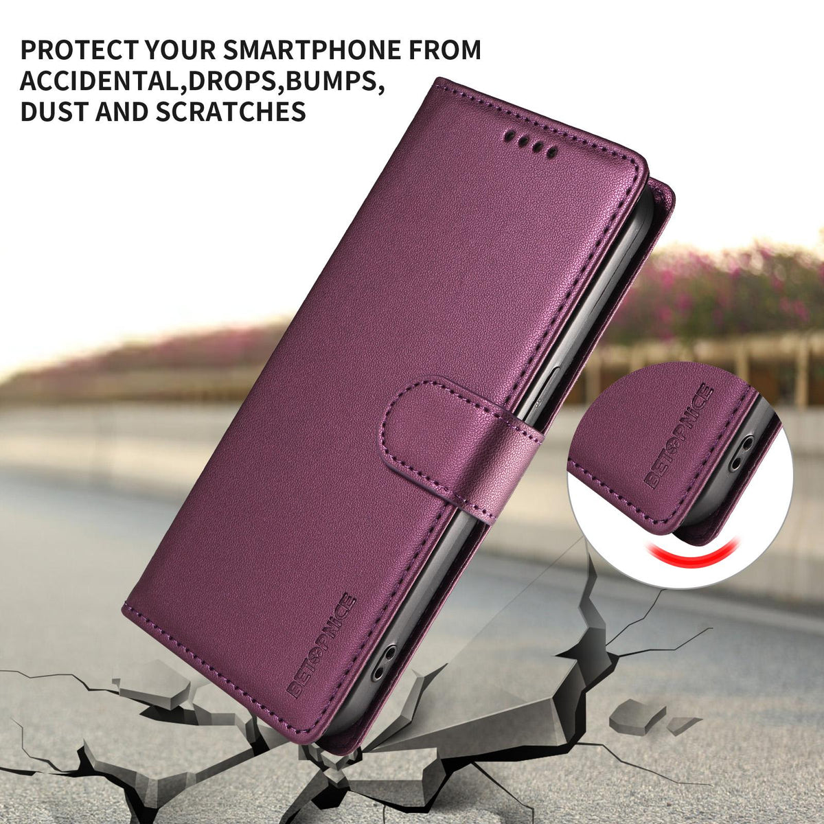 Compatible with iPhone 18 Pro Max BETOPNICE Pearlescent RFID Vegan Leather Phone Case with Strap - Purple