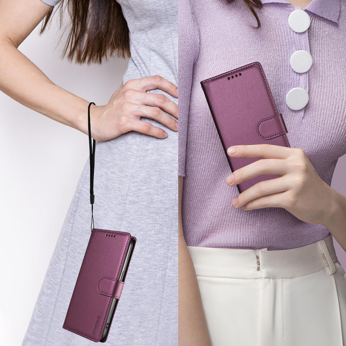 Compatible with iPhone 18 Pro Max BETOPNICE Pearlescent RFID Vegan Leather Phone Case with Strap - Purple
