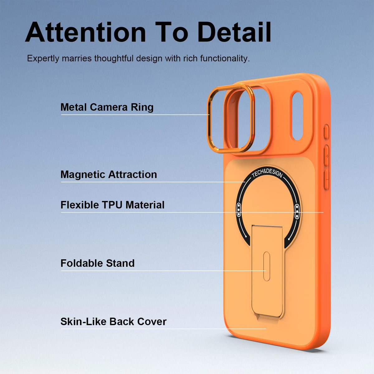 Compatible with iPhone 18 Pro Skin-Feel TPU Dual-Layer PC Magnetic Phone Case with Kickstand - Orange
