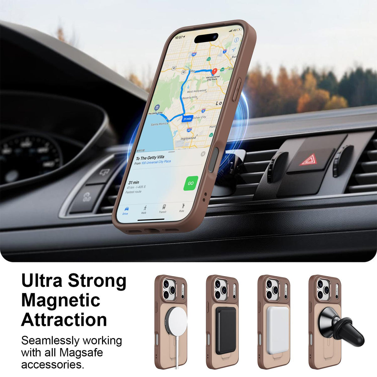 Compatible with iPhone 18 Pro Skin-Feel TPU Dual-Layer PC Magnetic Phone Case with Kickstand - Brown