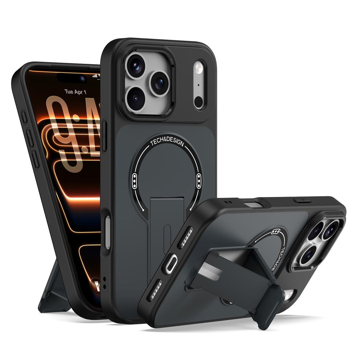 Compatible with iPhone 18 Pro Max Skin-Feel TPU Dual-Layer PC Magnetic Phone Case with Kickstand - Black