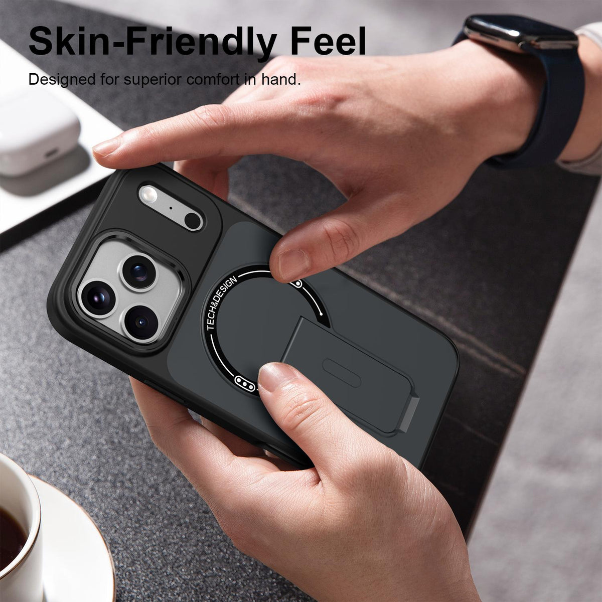 Compatible with iPhone 18 Pro Max Skin-Feel TPU Dual-Layer PC Magnetic Phone Case with Kickstand - Black