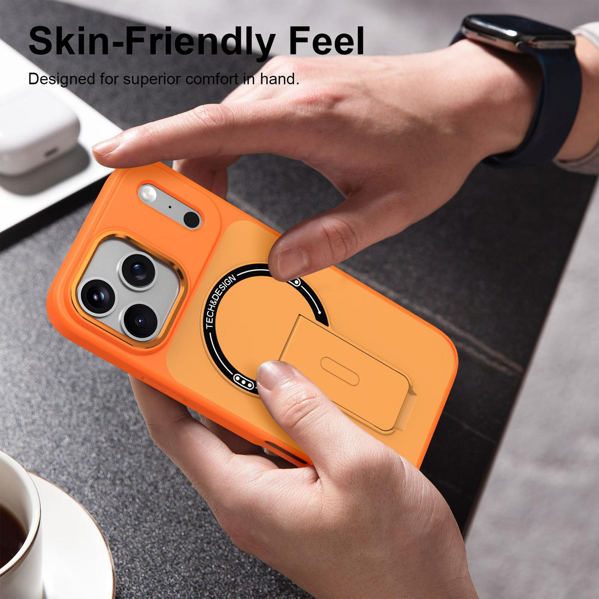 Compatible with iPhone 18 Pro Max Skin-Feel TPU Dual-Layer PC Magnetic Phone Case with Kickstand - Orange