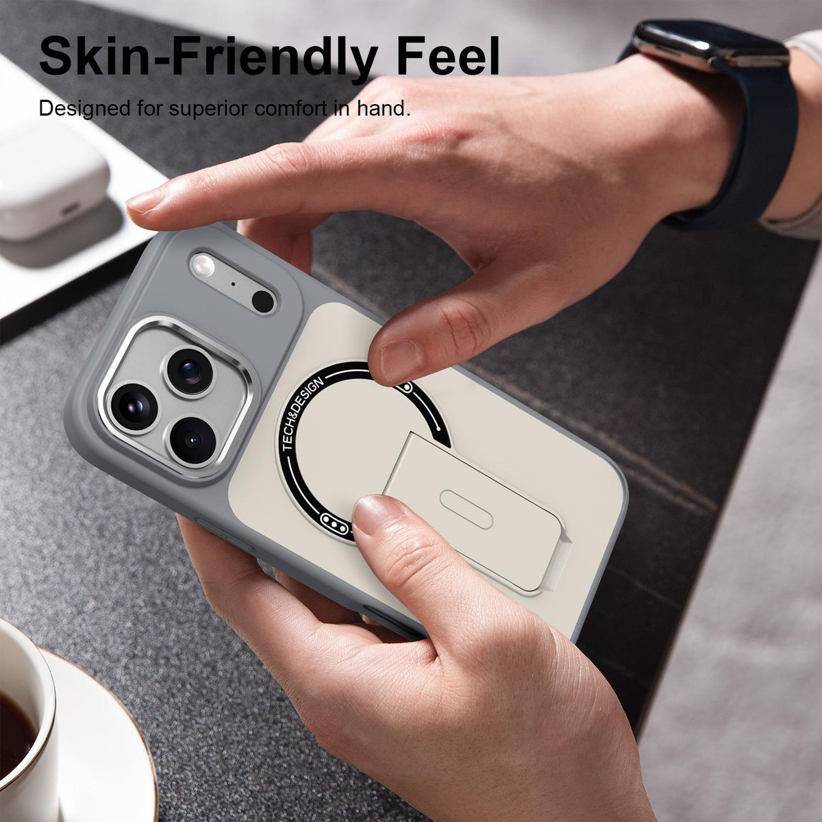 Compatible with iPhone 18 Pro Max Skin-Feel TPU Dual-Layer PC Magnetic Phone Case with Kickstand - Gray