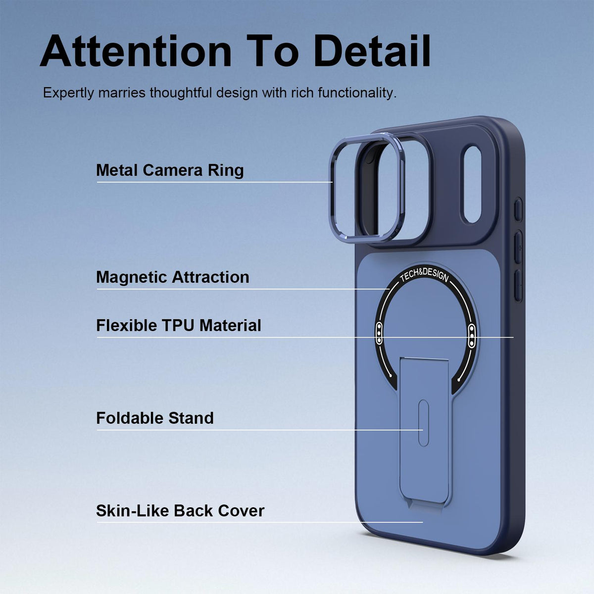 Compatible with iPhone 18 Pro Max Skin-Feel TPU Dual-Layer PC Magnetic Phone Case with Kickstand - Blue
