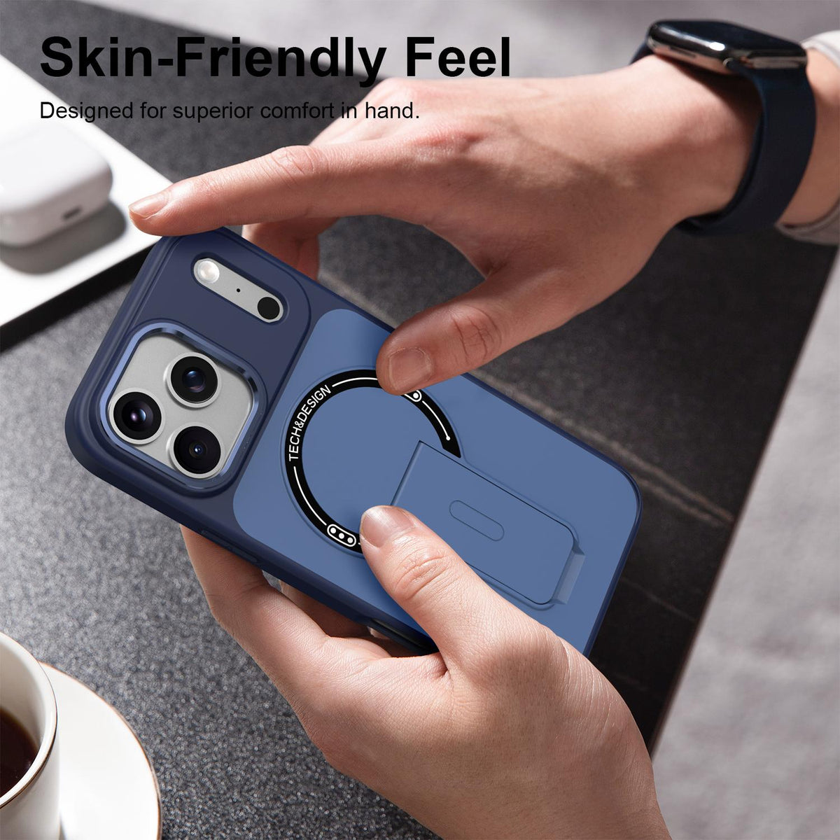 Compatible with iPhone 18 Pro Max Skin-Feel TPU Dual-Layer PC Magnetic Phone Case with Kickstand - Blue