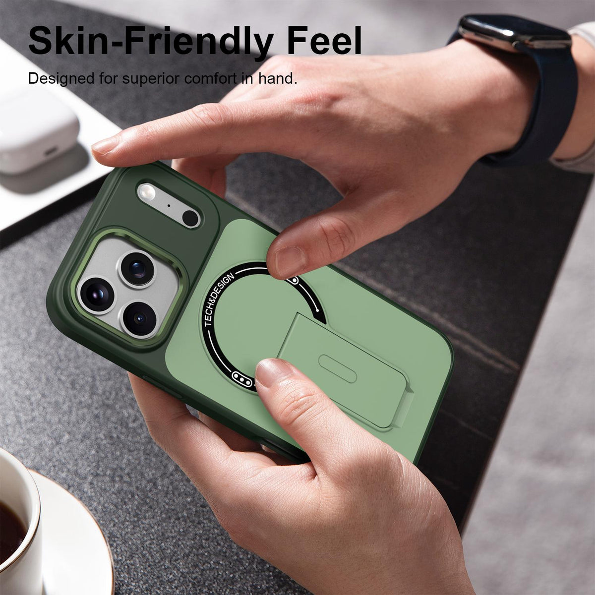 Compatible with iPhone 18 Pro Max Skin-Feel TPU Dual-Layer PC Magnetic Phone Case with Kickstand - Green