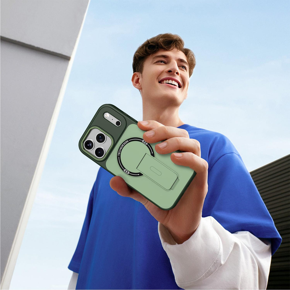 Compatible with iPhone 18 Pro Max Skin-Feel TPU Dual-Layer PC Magnetic Phone Case with Kickstand - Green