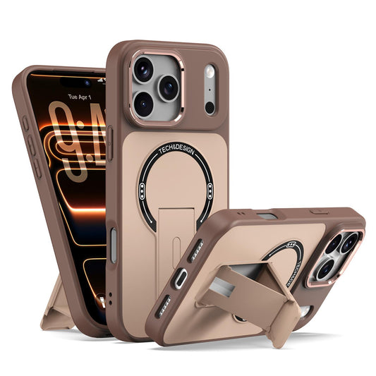 Compatible with iPhone 18 Pro Max Skin-Feel TPU Dual-Layer PC Magnetic Phone Case with Kickstand - Brown