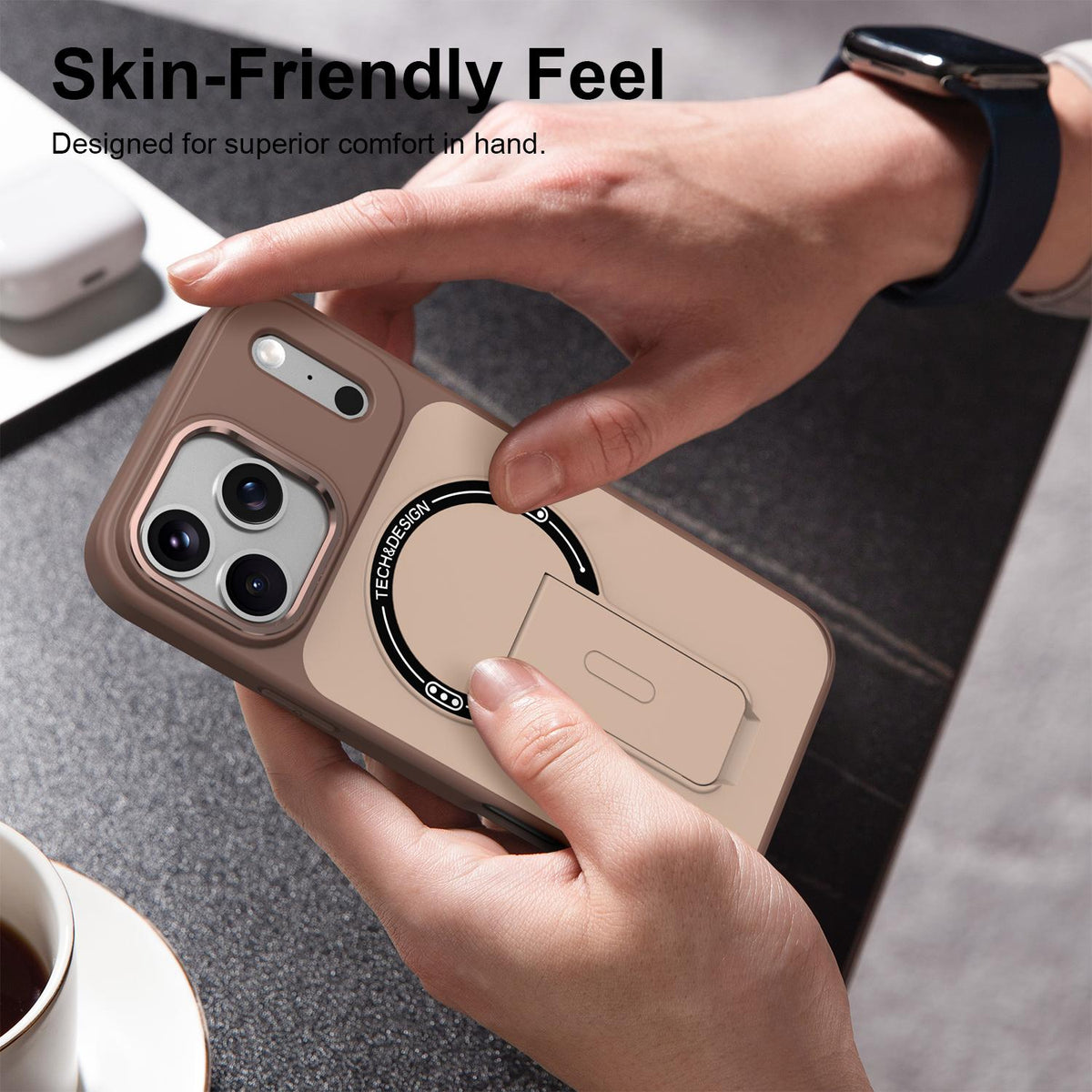 Compatible with iPhone 18 Pro Max Skin-Feel TPU Dual-Layer PC Magnetic Phone Case with Kickstand - Brown