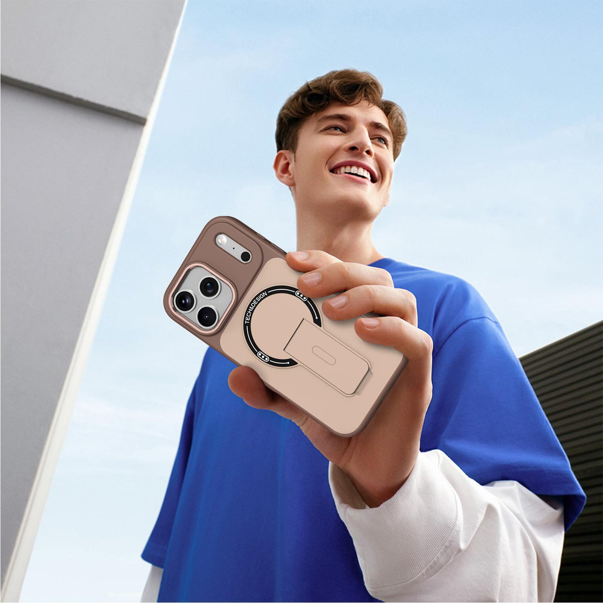 Compatible with iPhone 18 Pro Max Skin-Feel TPU Dual-Layer PC Magnetic Phone Case with Kickstand - Brown
