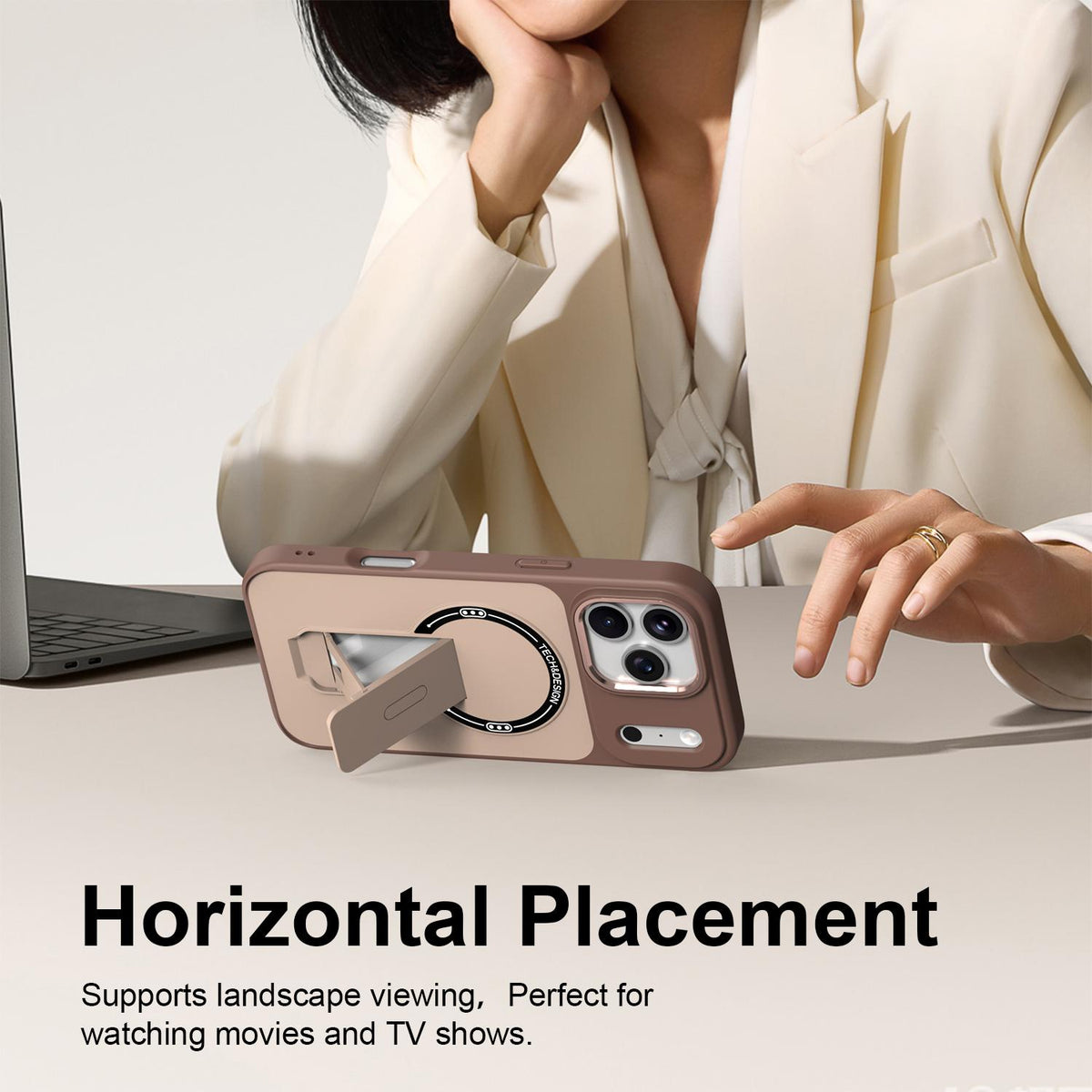 Compatible with iPhone 18 Pro Max Skin-Feel TPU Dual-Layer PC Magnetic Phone Case with Kickstand - Brown