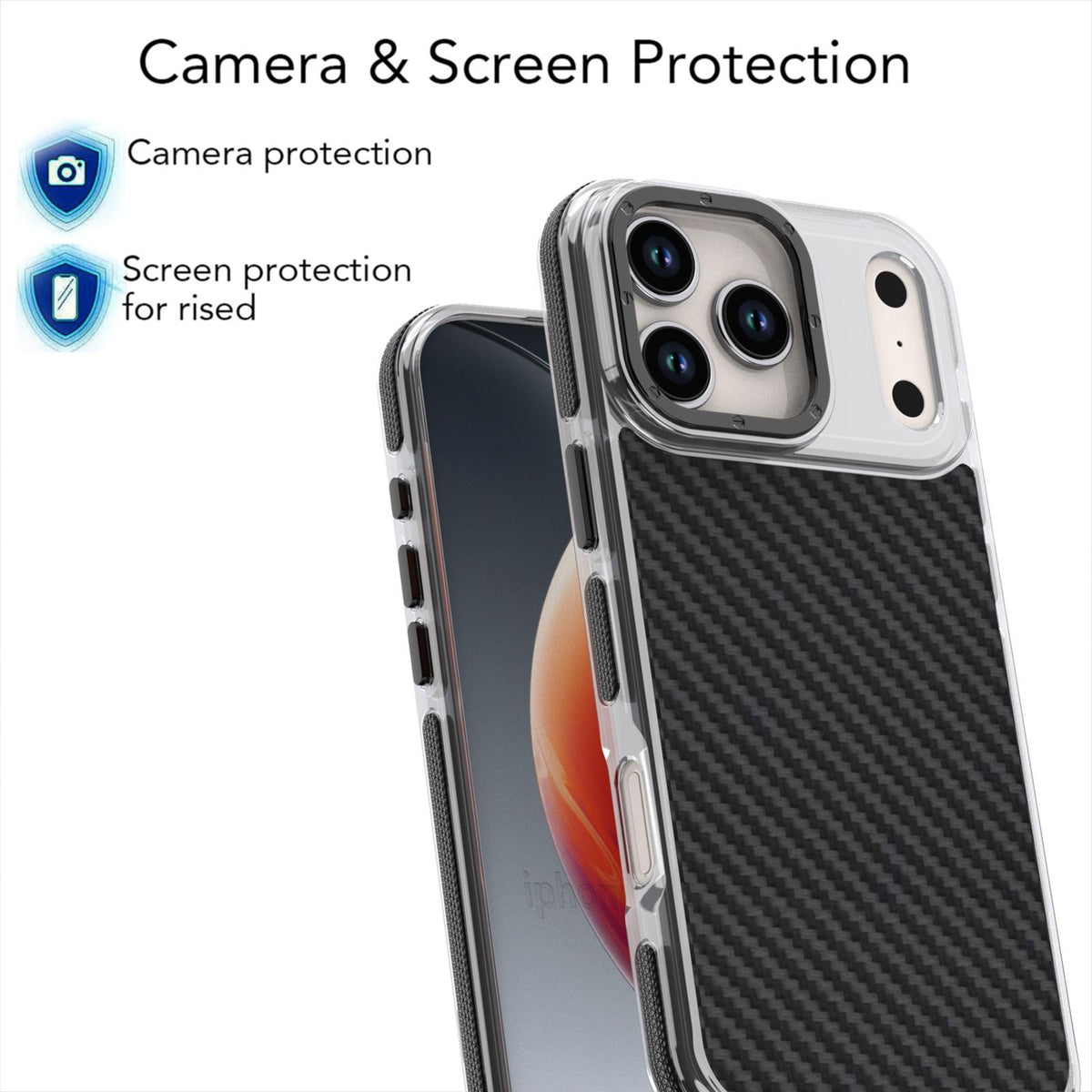 Compatible with iPhone 18 Pro Max Dual-Color Carbon Fiber Texture Acrylic Dual-Layer TPU Phone Case - Black