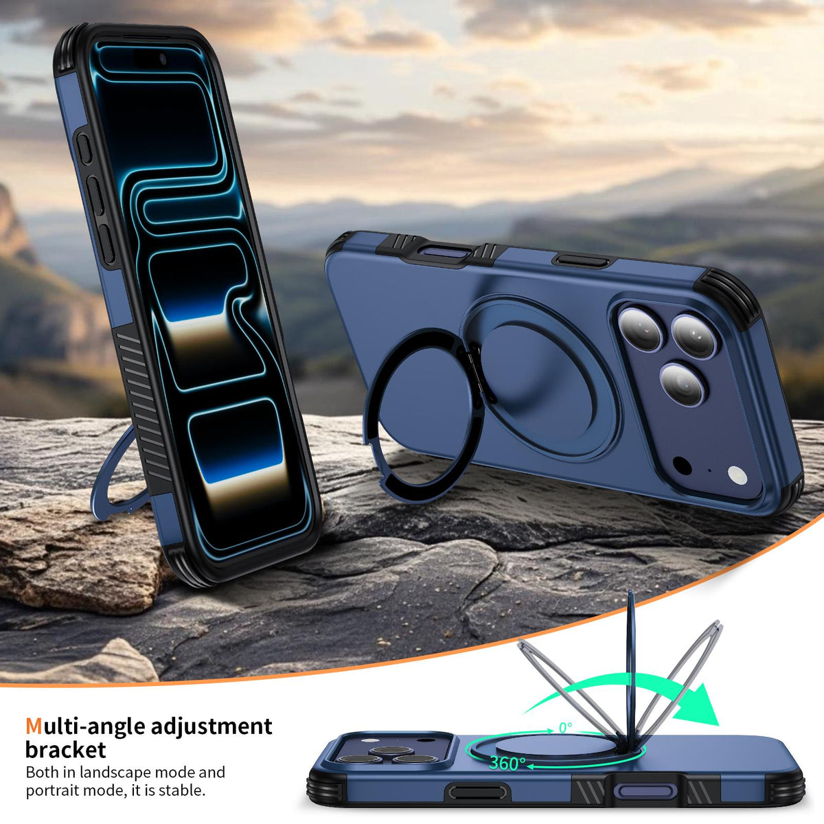 Compatible with iPhone 18 Pro Magnetic 360 Rotating Holder Phone Case - Blue