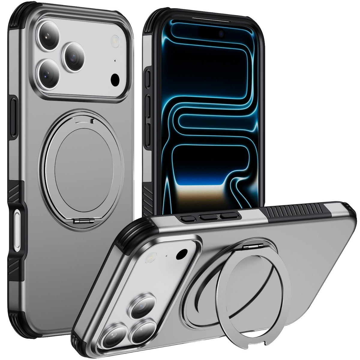 Compatible with iPhone 18 Pro Magnetic 360 Rotating Holder Phone Case - Silver