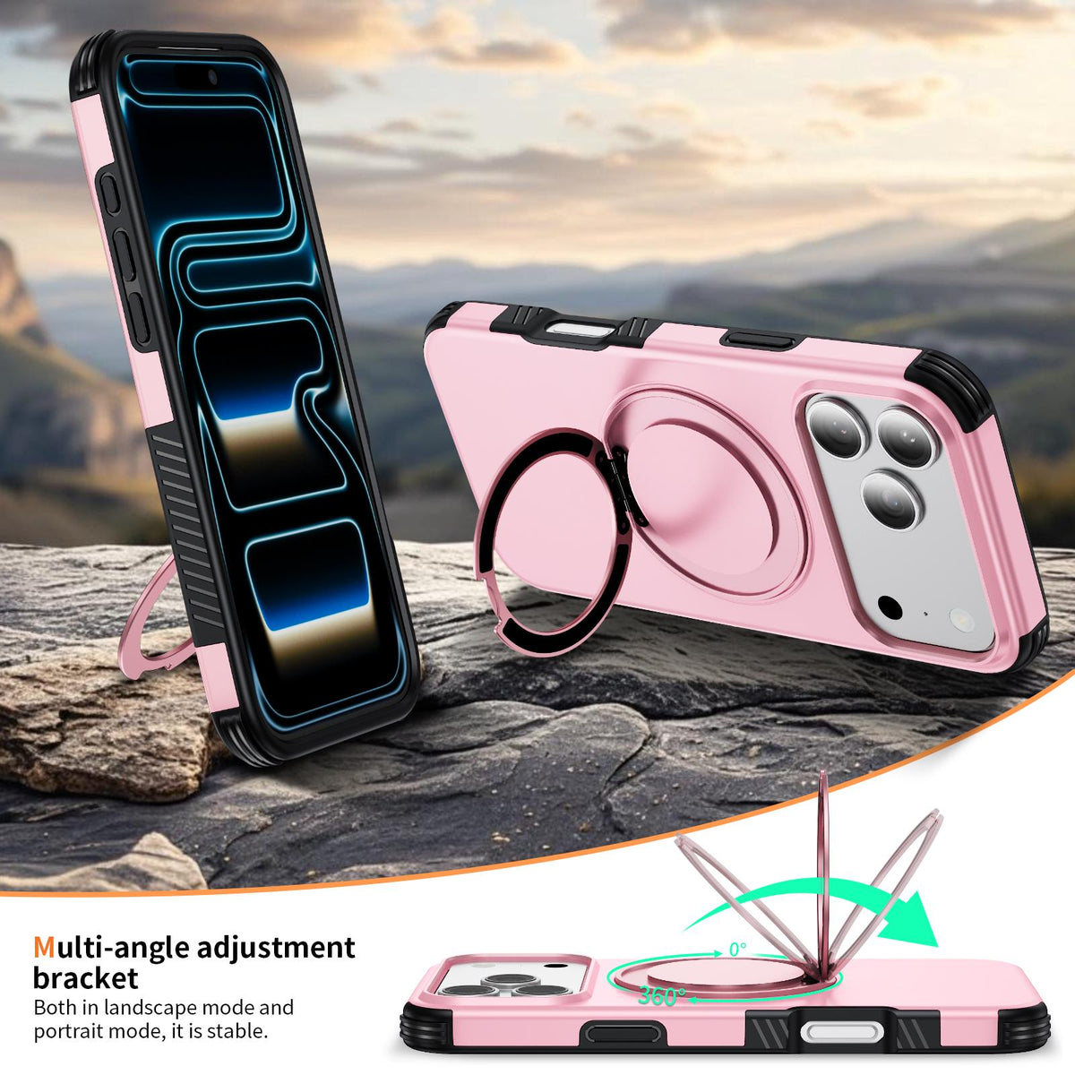 Compatible with iPhone 18 Pro Max Magnetic 360 Rotating Holder Phone Case - Pink