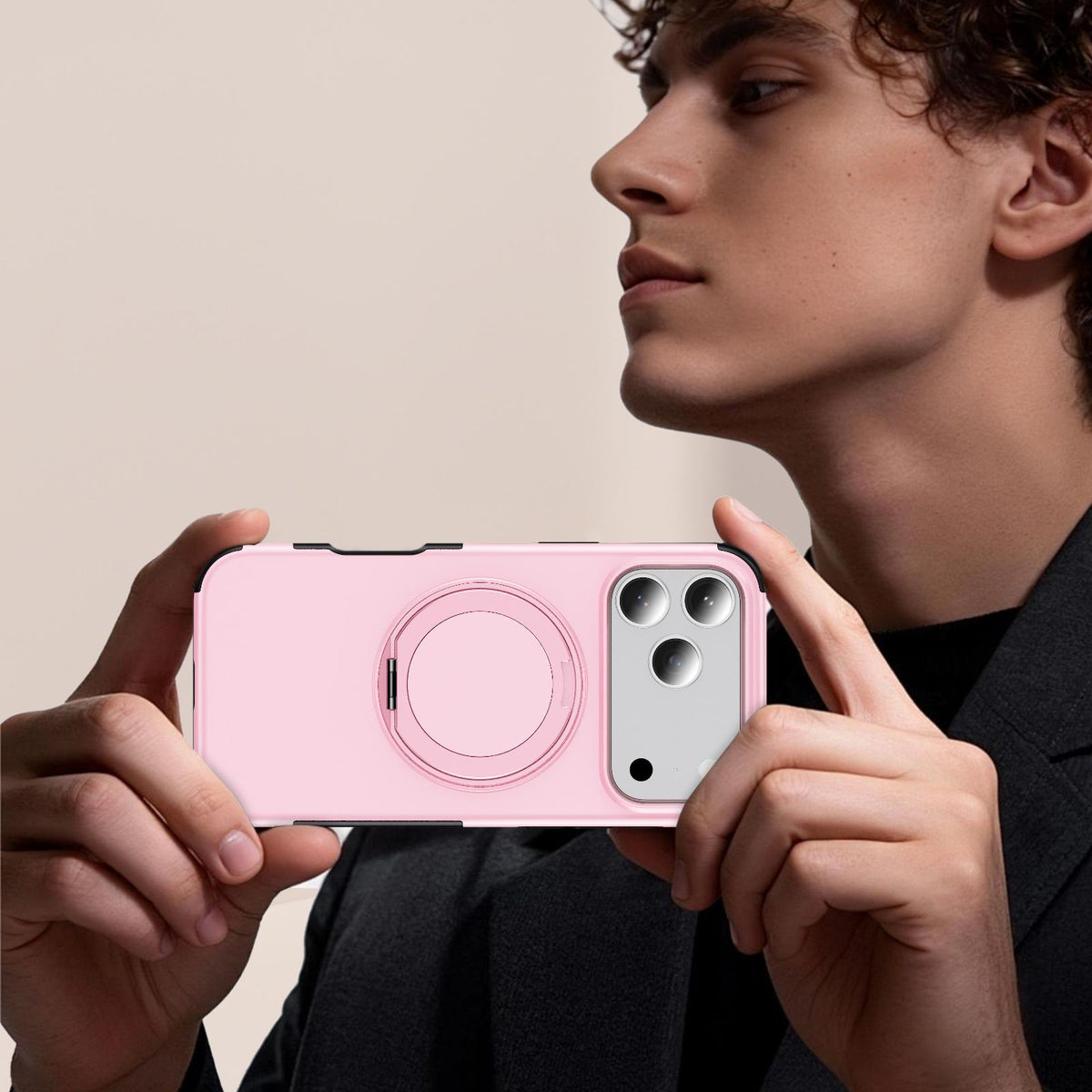 Compatible with iPhone 18 Pro Max Magnetic 360 Rotating Holder Phone Case - Pink