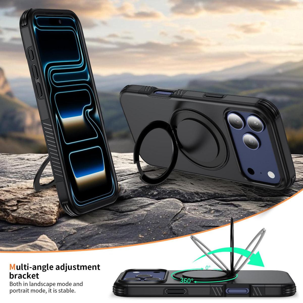 Compatible with iPhone 18 Pro Max Magnetic 360 Rotating Holder Phone Case - Black