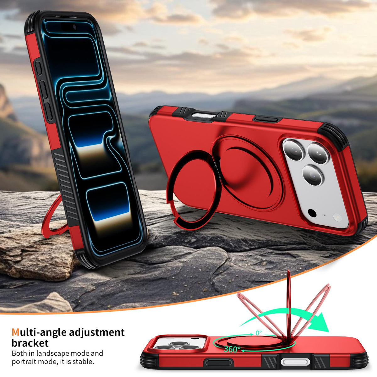 Compatible with iPhone 18 Pro Max Magnetic 360 Rotating Holder Phone Case - Red