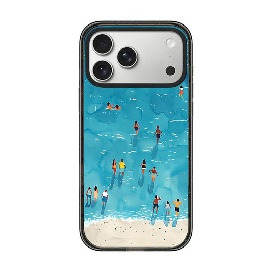 Compatible with iPhone 18 Pro Max & 17 Pro Max Summer Beach Pattern Acrylic TPU Phone Case - Watercolor Blue Seaside Crowd