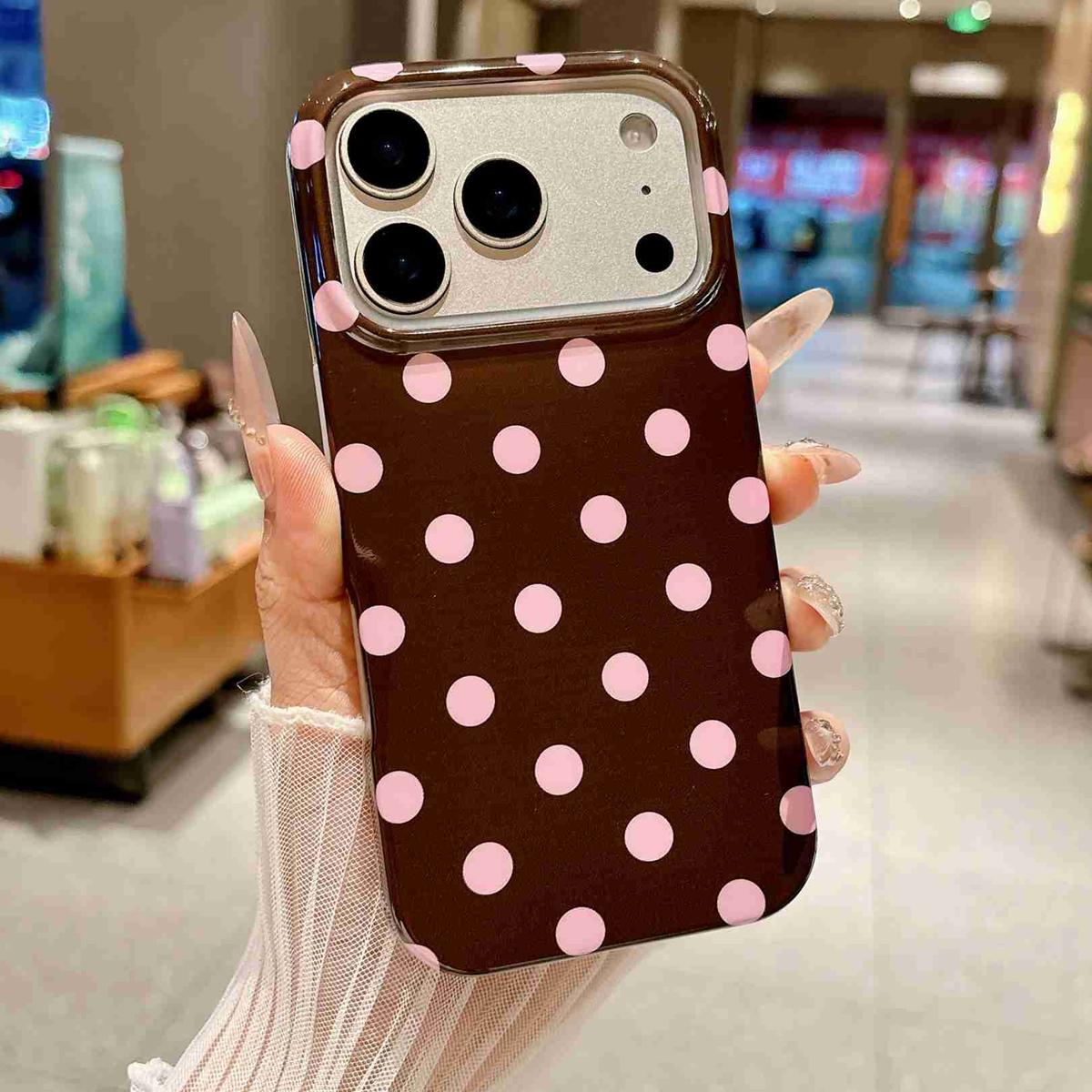 Compatible with iPhone 18 Pro Max Full Coverage IMD Printed Retro Large Dots Pattern TPU Phone Case - Coffee