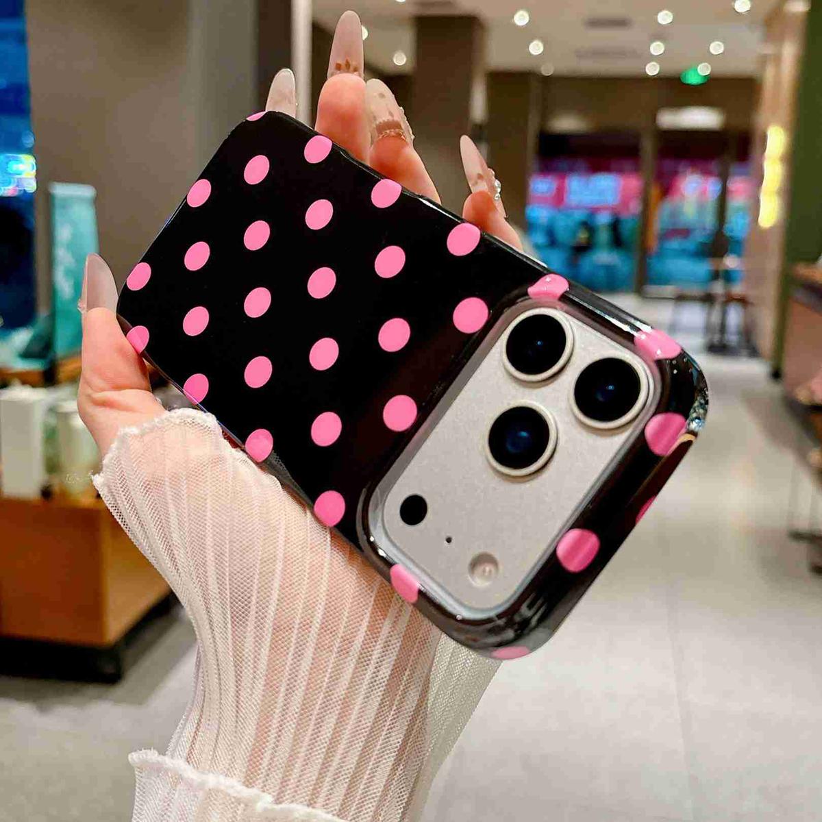 Compatible with iPhone 18 Pro Max Full Coverage IMD Printed Retro Large Dots Pattern TPU Phone Case - Black