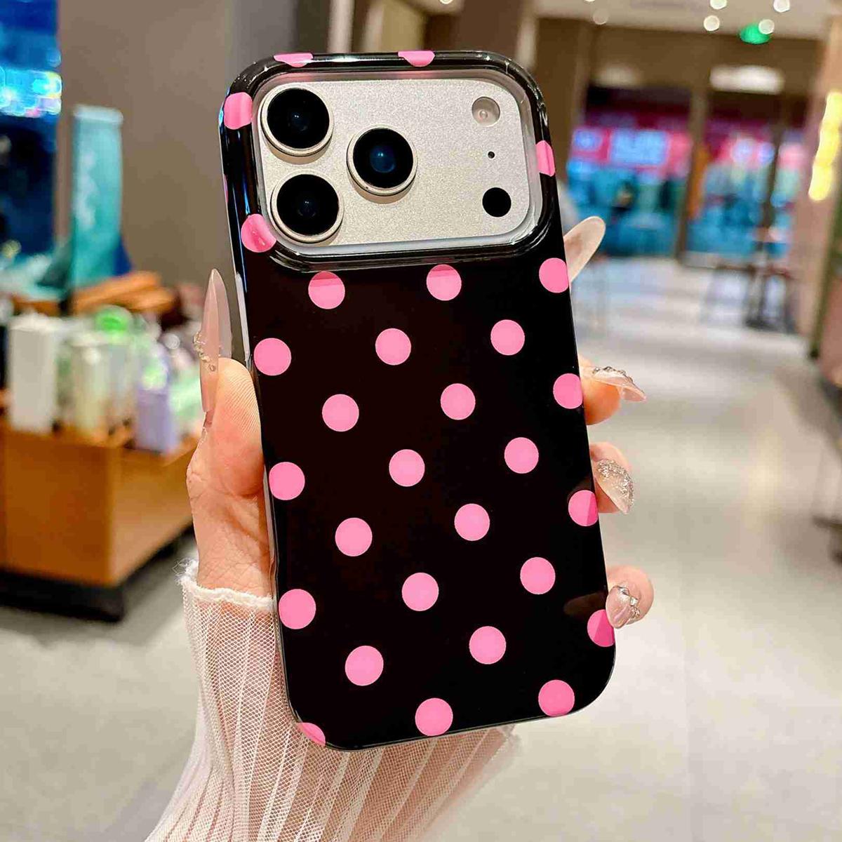 Compatible with iPhone 18 Pro Max Full Coverage IMD Printed Retro Large Dots Pattern TPU Phone Case - Black