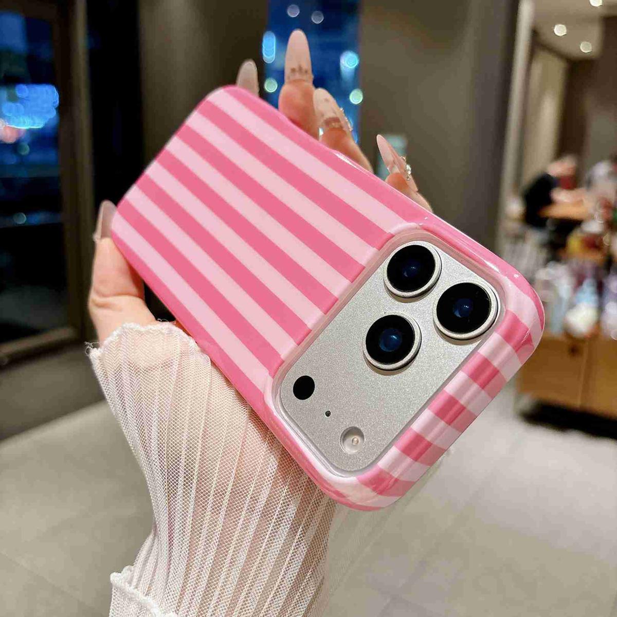 Compatible with iPhone 18 Pro Max Full Coverage IMD Printed Vertical Stripes TPU Phone Case - Pink