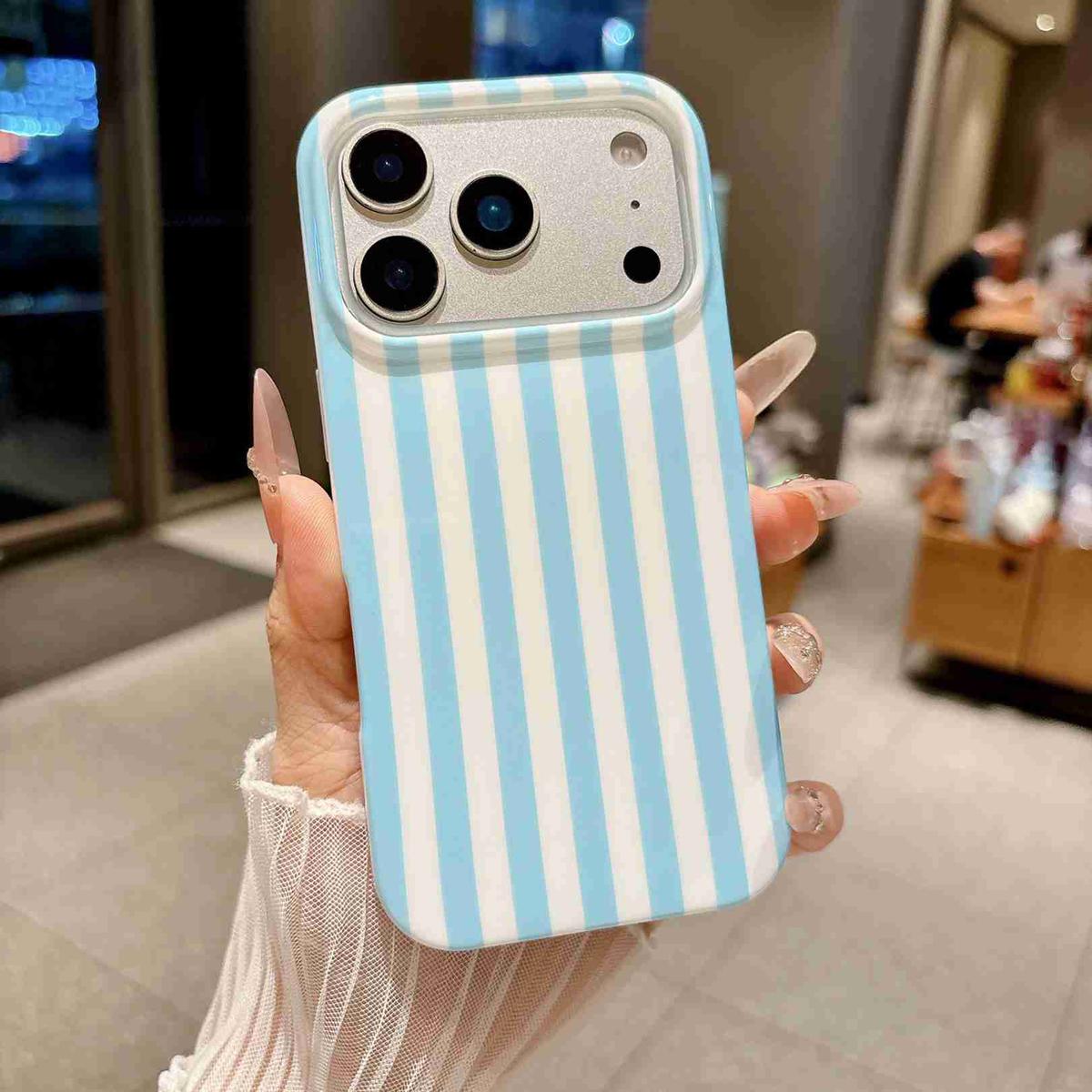 Compatible with iPhone 18 Pro Max Full Coverage IMD Printed Vertical Stripes TPU Phone Case - Blue