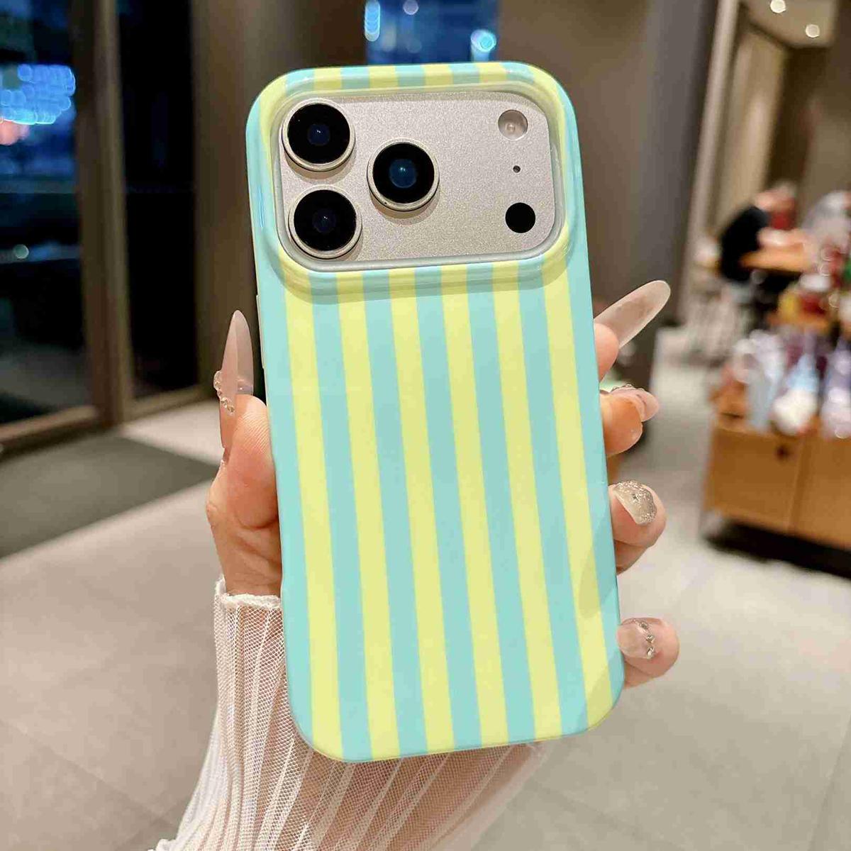 Compatible with iPhone 18 Pro Max Full Coverage IMD Printed Vertical Stripes TPU Phone Case - Yellow Green