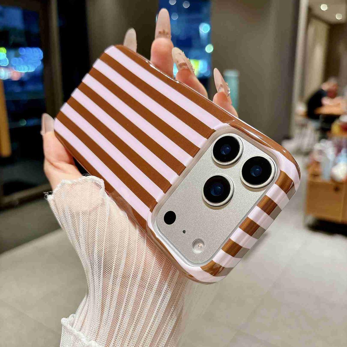 Compatible with iPhone 18 Pro Max Full Coverage IMD Printed Vertical Stripes TPU Phone Case - Coffee