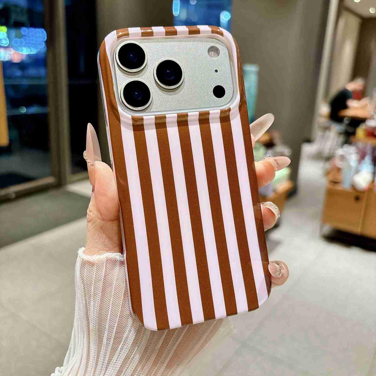 Compatible with iPhone 18 Pro Max Full Coverage IMD Printed Vertical Stripes TPU Phone Case - Coffee