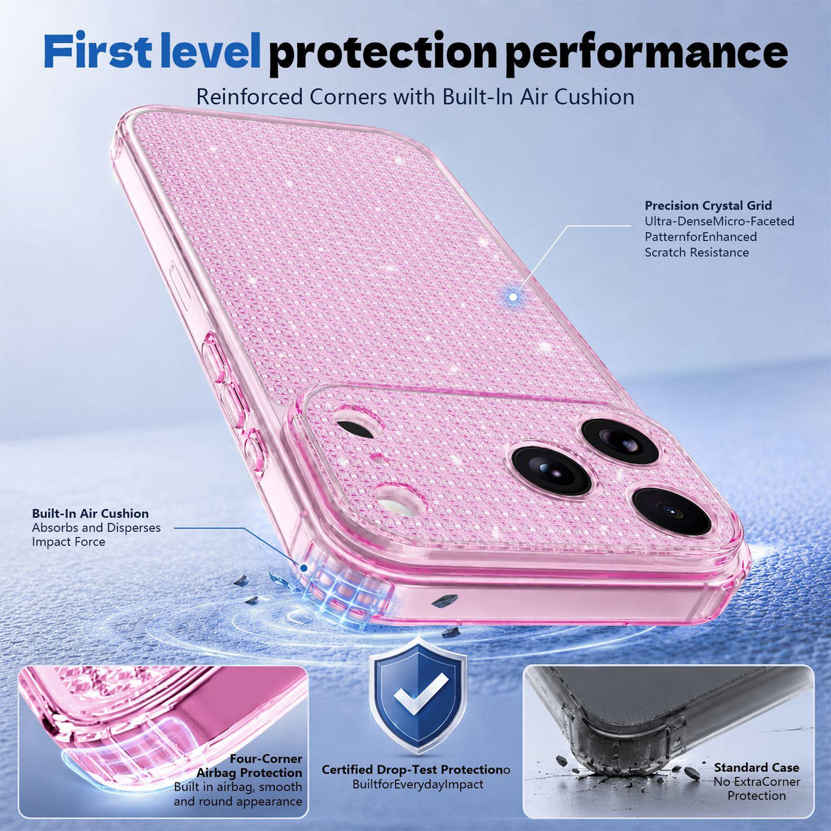 Compatible with iPhone 18 Pro Max Sparkling Diamond Glitter Airbag Phone Case - Pink