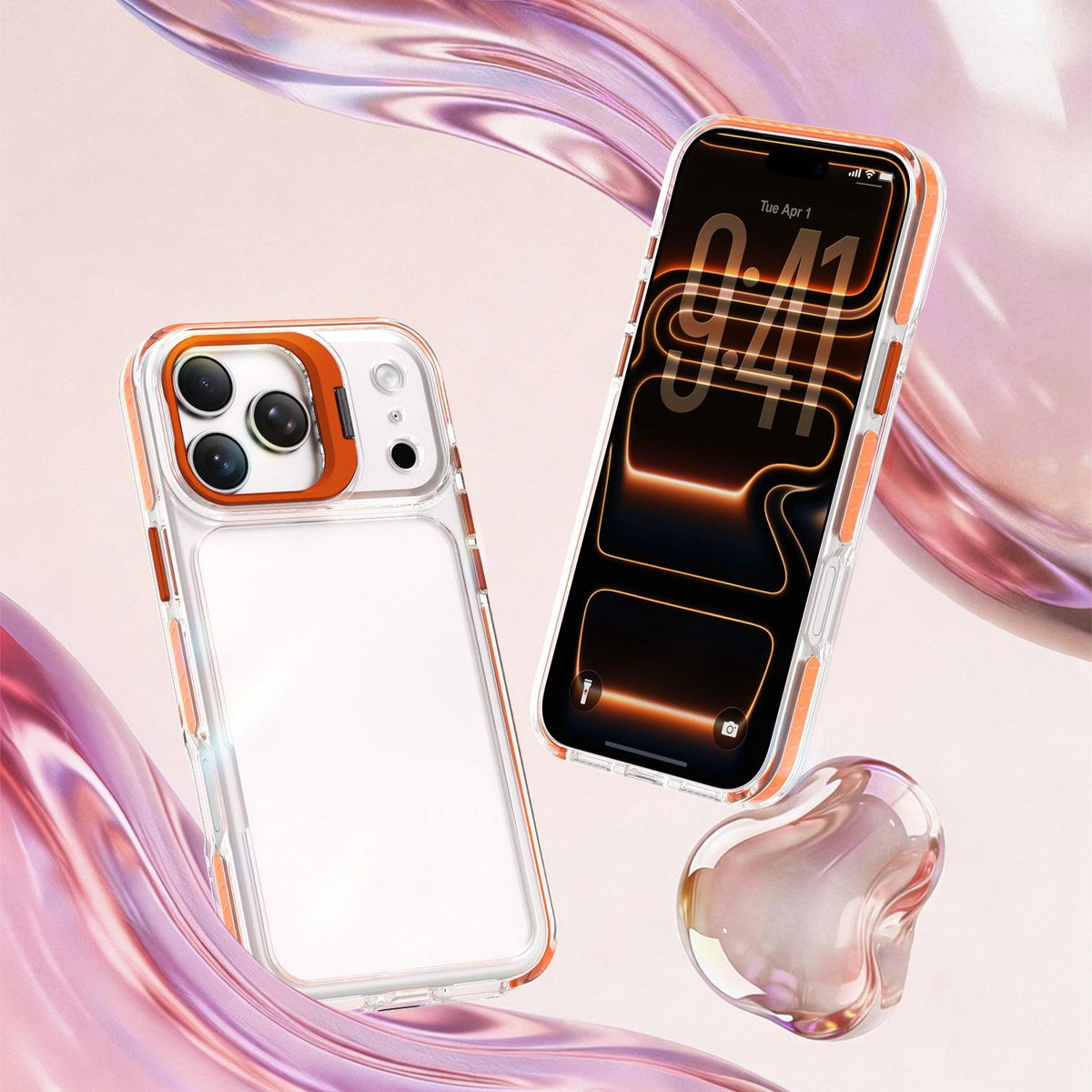 Compatible with iPhone 18 Pro Max Lens Frame Holder Acrylic TPU Phone Case - Clear Orange