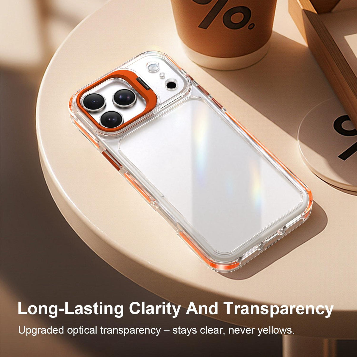 Compatible with iPhone 18 Pro Max Lens Frame Holder Acrylic TPU Phone Case - Clear Orange