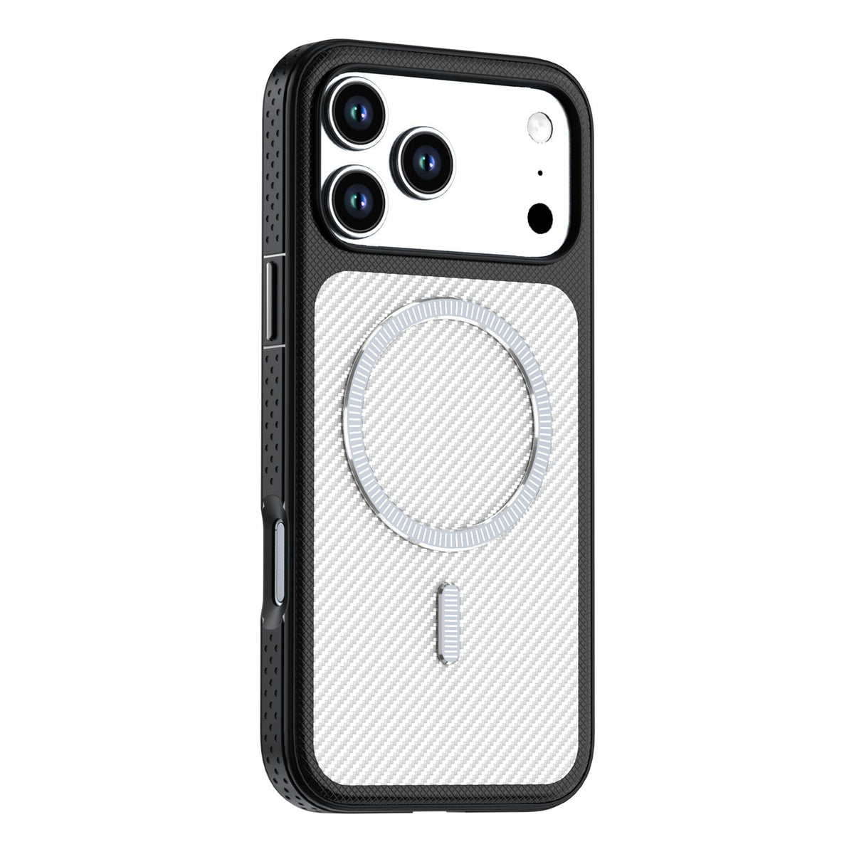 Compatible with iPhone 18 Pro Max Carbon Fiber Texture Vegan Leather Magnetic Phone Case - White