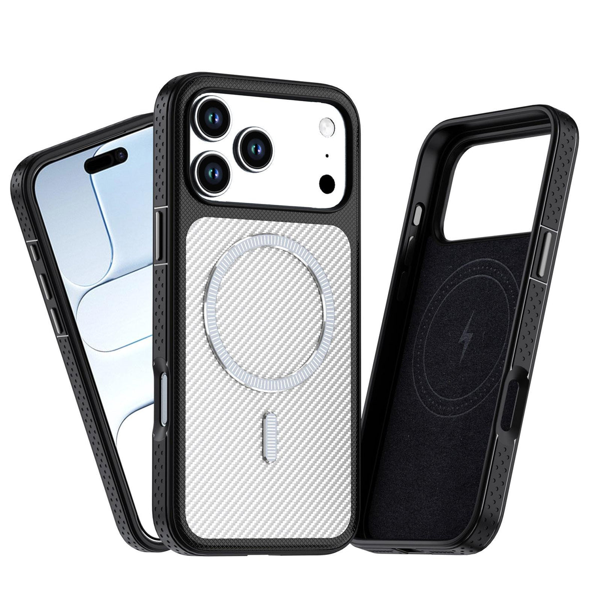 Compatible with iPhone 18 Pro Max Carbon Fiber Texture Vegan Leather Magnetic Phone Case - White