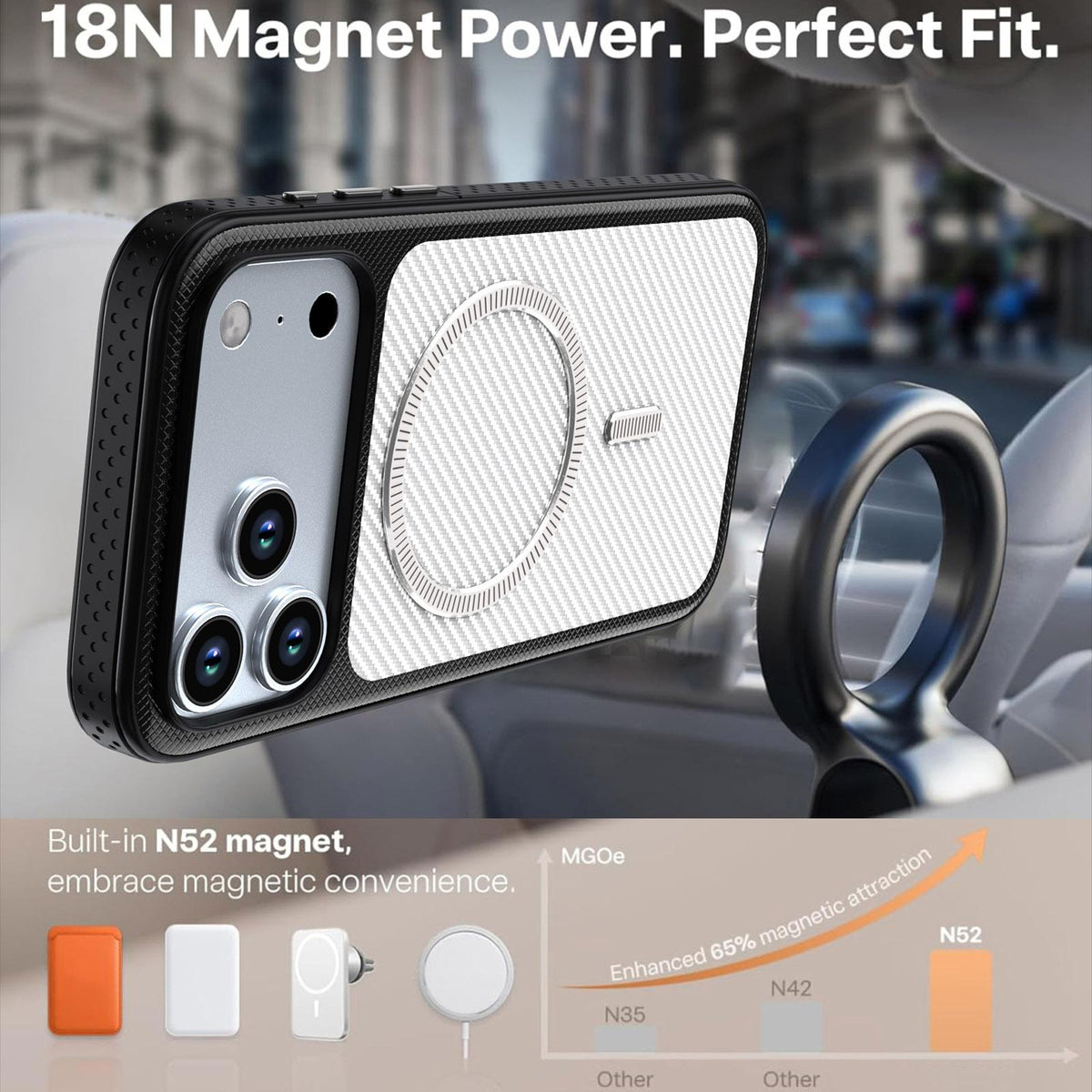 Compatible with iPhone 18 Pro Max Carbon Fiber Texture Vegan Leather Magnetic Phone Case - White