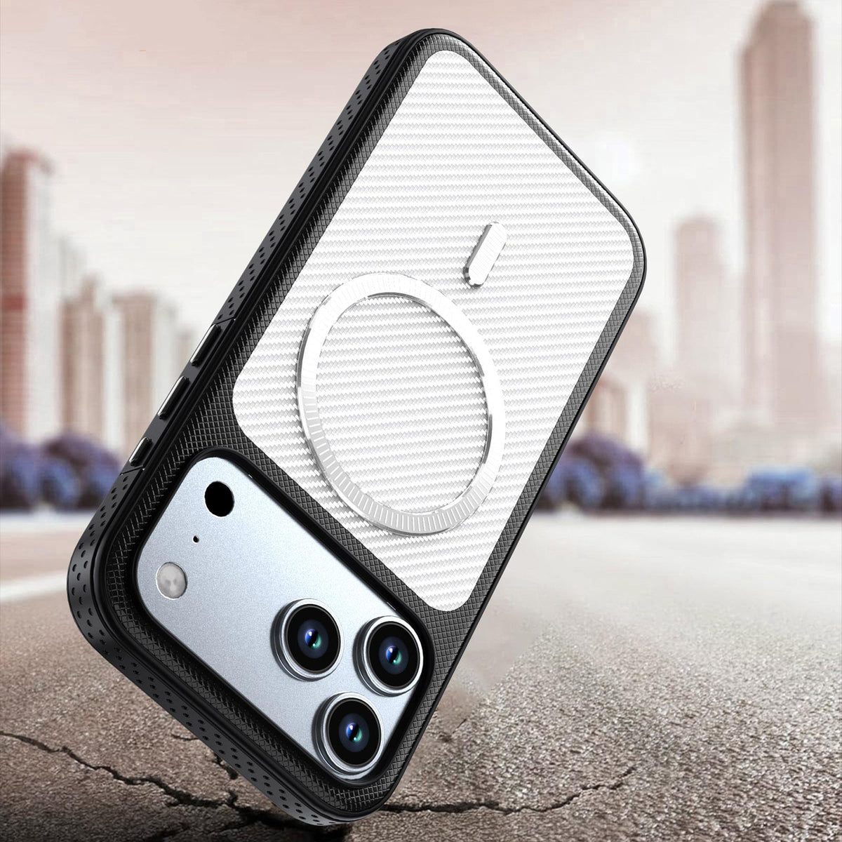 Compatible with iPhone 18 Pro Max Carbon Fiber Texture Vegan Leather Magnetic Phone Case - White