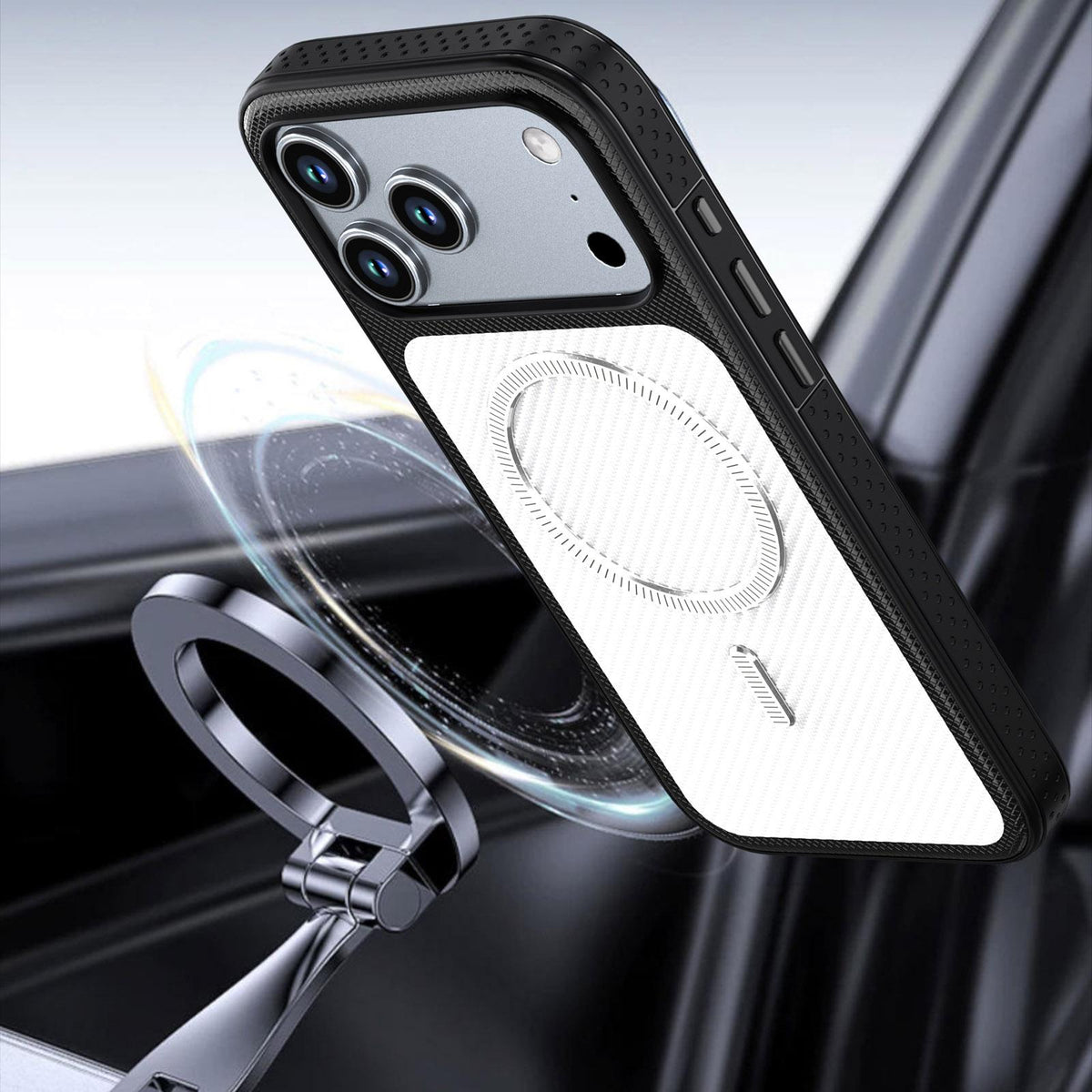 Compatible with iPhone 18 Pro Max Carbon Fiber Texture Vegan Leather Magnetic Phone Case - White