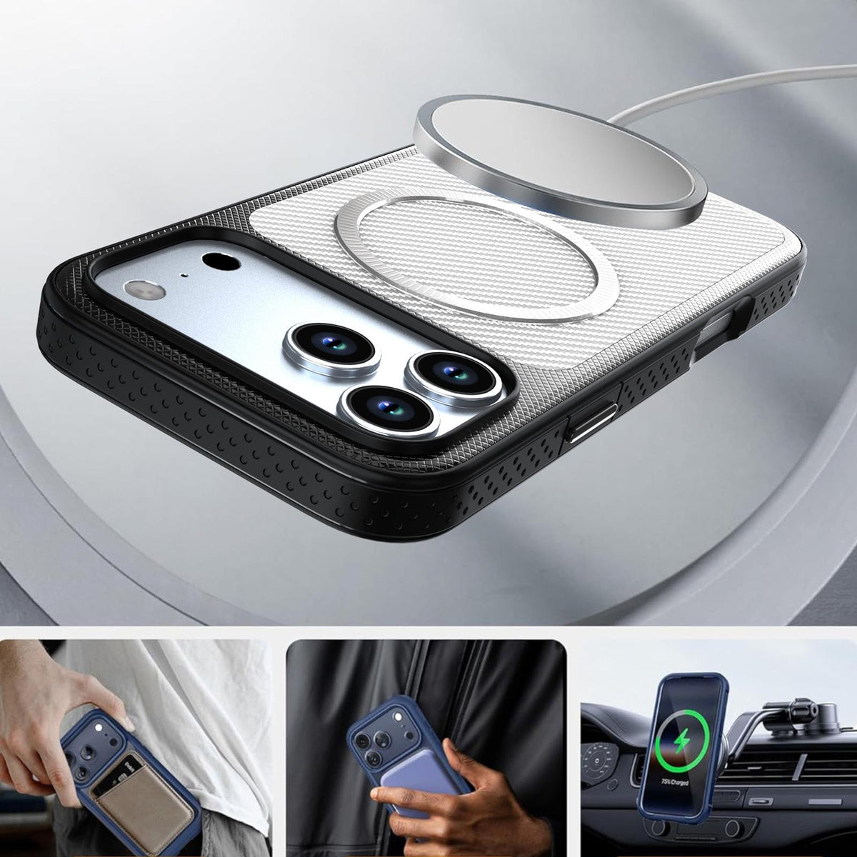 Compatible with iPhone 18 Pro Max Carbon Fiber Texture Vegan Leather Magnetic Phone Case - White
