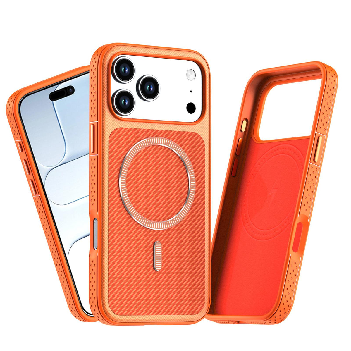 Compatible with iPhone 18 Pro Max Carbon Fiber Texture Vegan Leather Magnetic Phone Case - Orange