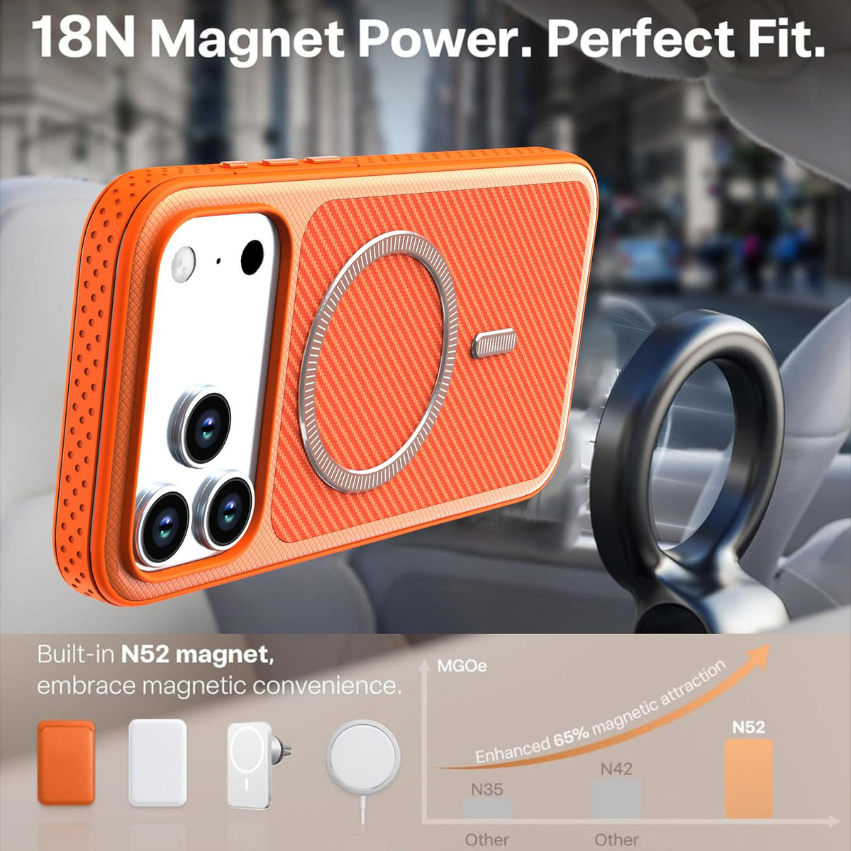 Compatible with iPhone 18 Pro Max Carbon Fiber Texture Vegan Leather Magnetic Phone Case - Orange