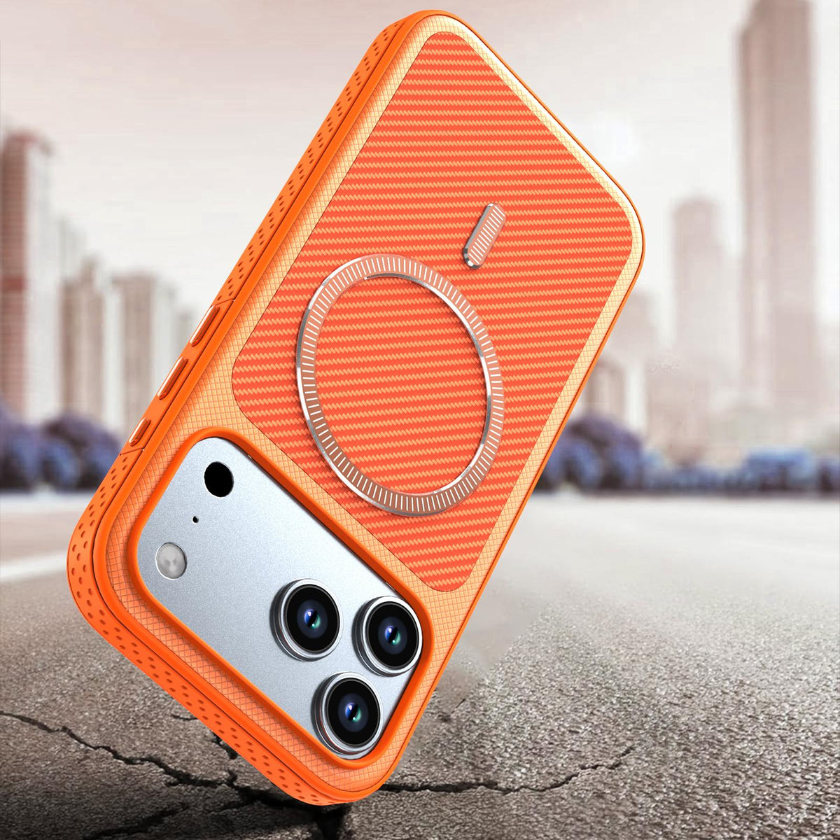 Compatible with iPhone 18 Pro Max Carbon Fiber Texture Vegan Leather Magnetic Phone Case - Orange