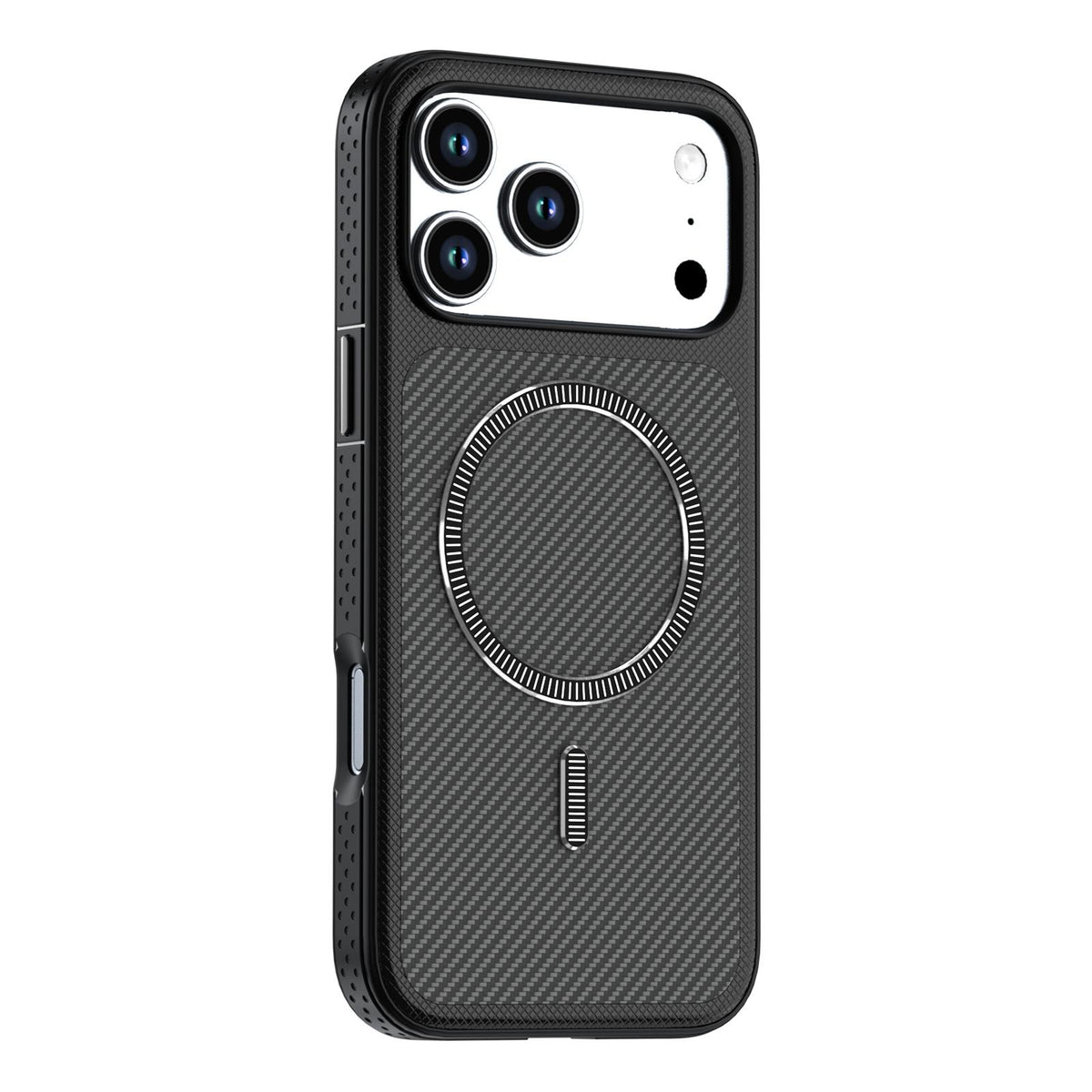 Compatible with iPhone 18 Pro Max Carbon Fiber Texture Vegan Leather Magnetic Phone Case - Black