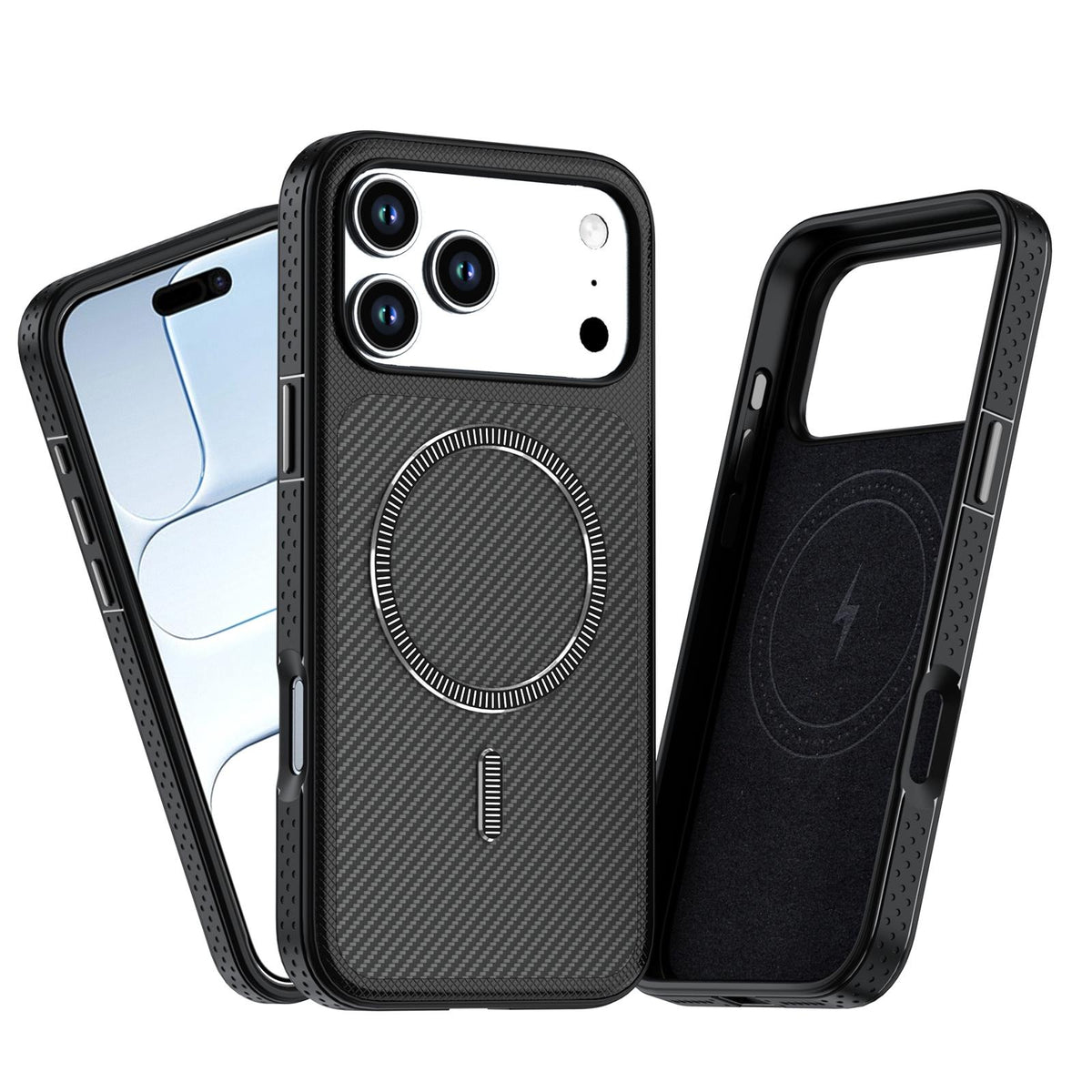 Compatible with iPhone 18 Pro Max Carbon Fiber Texture Vegan Leather Magnetic Phone Case - Black