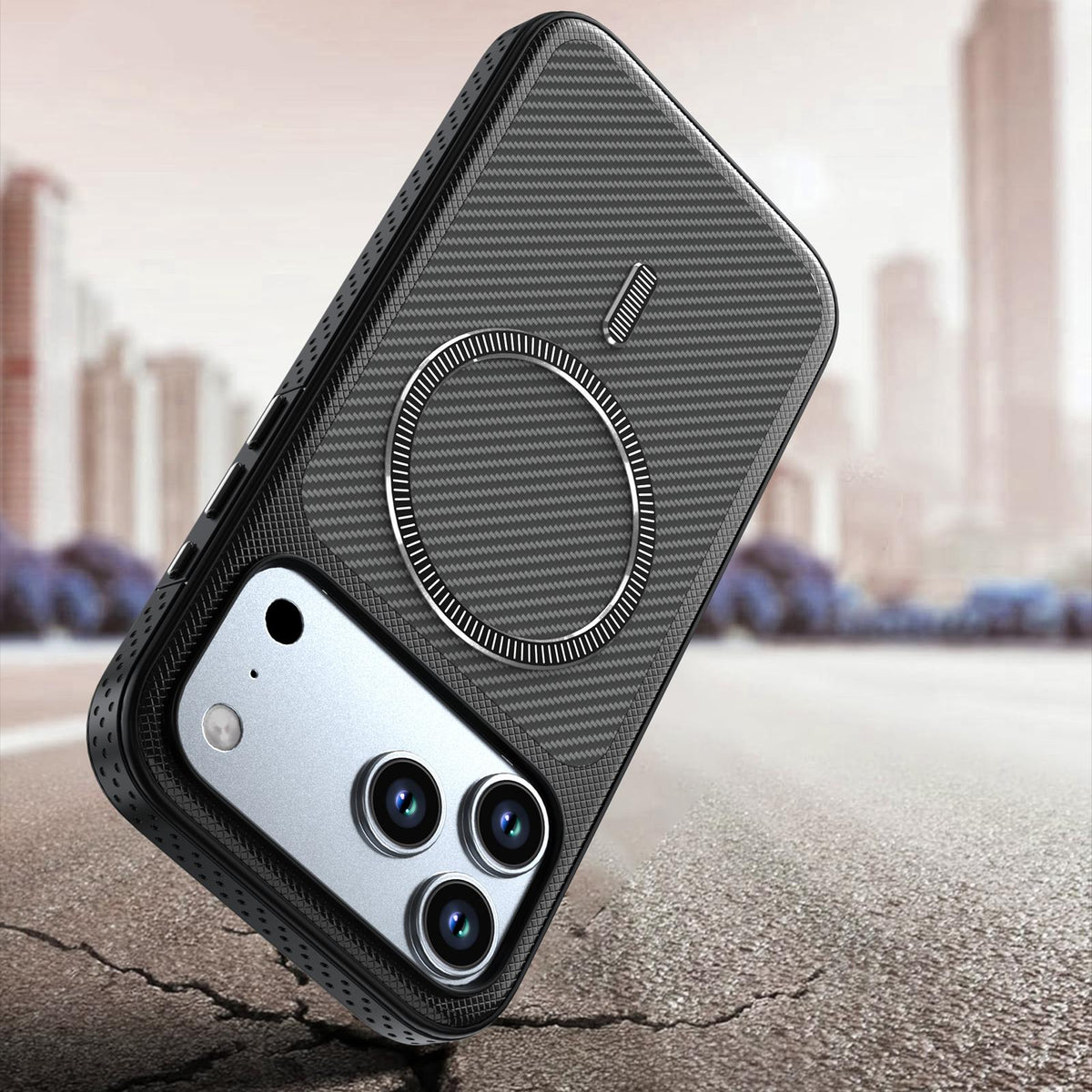 Compatible with iPhone 18 Pro Max Carbon Fiber Texture Vegan Leather Magnetic Phone Case - Black