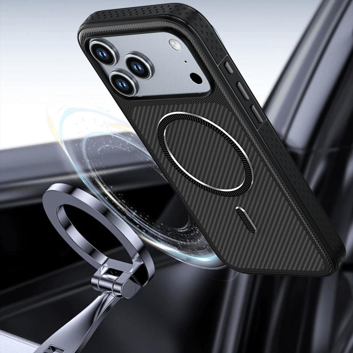 Compatible with iPhone 18 Pro Max Carbon Fiber Texture Vegan Leather Magnetic Phone Case - Black